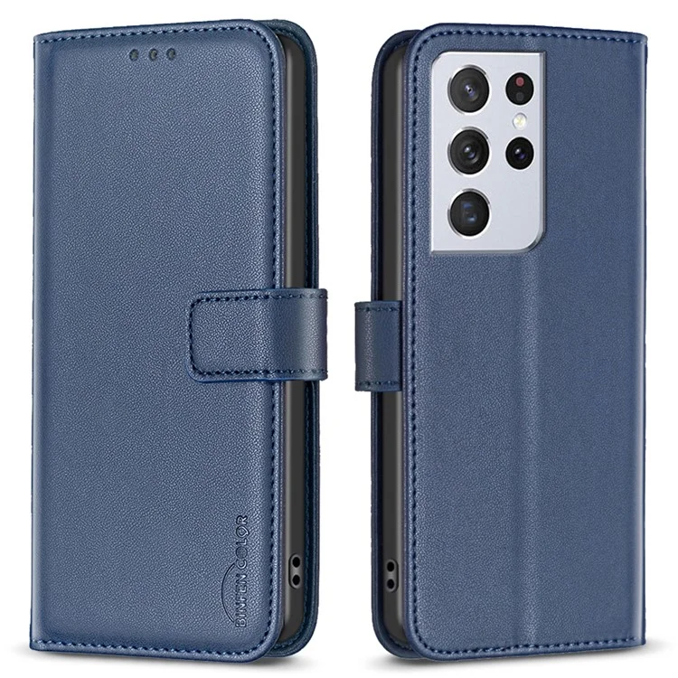 BINFEN COLOR BF17 Para Samsung Galaxy S21 Ultra 5G Capa de Telefone Carteira de Couro Suporte Fechamento Magnético - Azul