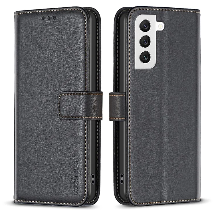 BINFEN COLOR BF17 Funda de teléfono de pie para Samsung Galaxy S22 5G Cartera de piel de PU Estuche de teléfono móvil - Negro