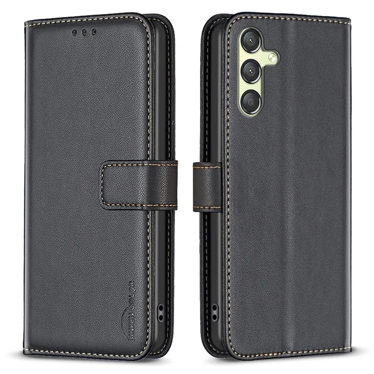 BINFEN COLOR BF17 Phone Leather Cover for Samsung Galaxy A24 4G (162.1 x 77.6 x 8.3mm) Wallet Stand Protective Phone Case - Black