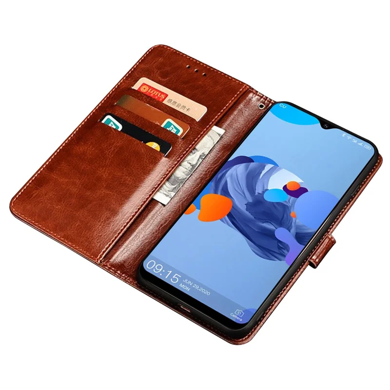 IDEWEI PU Leather Phone Cover for Oukitel C32 Stand Wallet Crazy Horse Texture Phone Case - Brown
