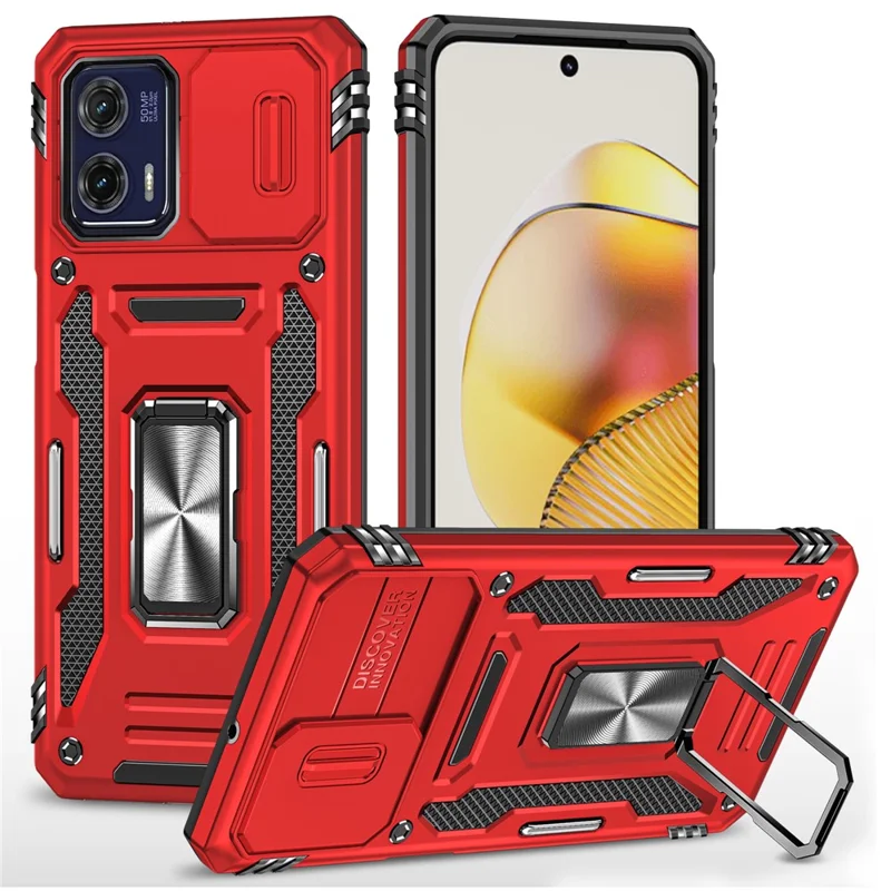 For Motorola Moto G73 5G Armor Series PC + TPU Phone Case Kickstand Shell with Slide Camera Protector Cover - Red