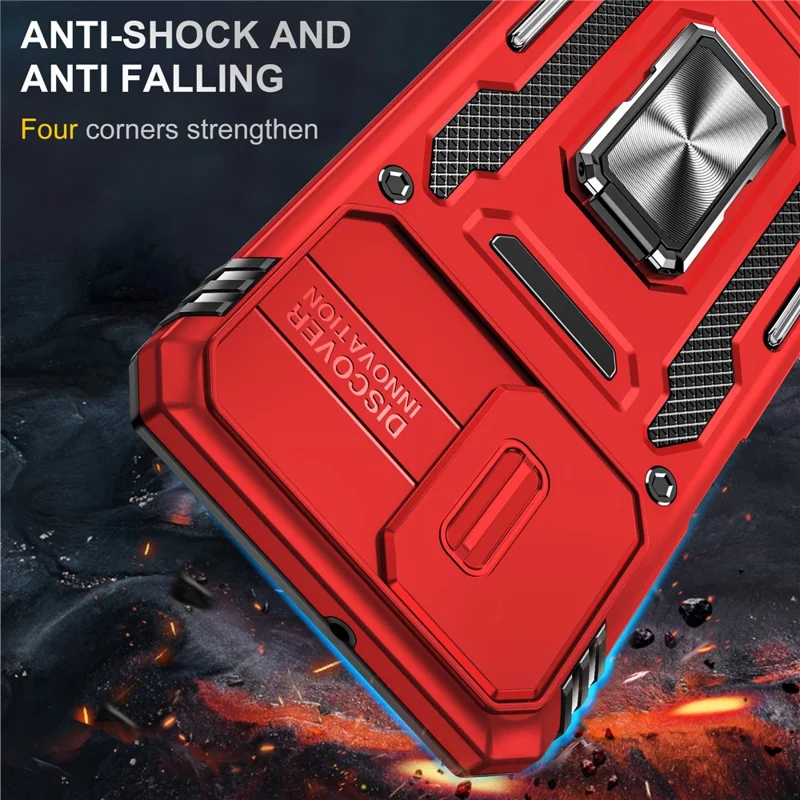 For Motorola Moto G73 5G Armor Series PC + TPU Phone Case Kickstand Shell with Slide Camera Protector Cover - Red
