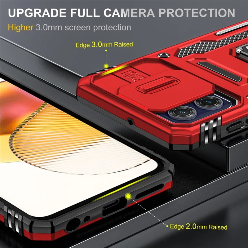 For Motorola Moto G73 5G Armor Series PC + TPU Phone Case Kickstand Shell with Slide Camera Protector Cover - Red