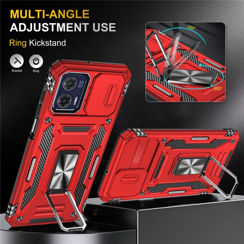 For Motorola Moto G73 5G Armor Series PC + TPU Phone Case Kickstand Shell with Slide Camera Protector Cover - Red