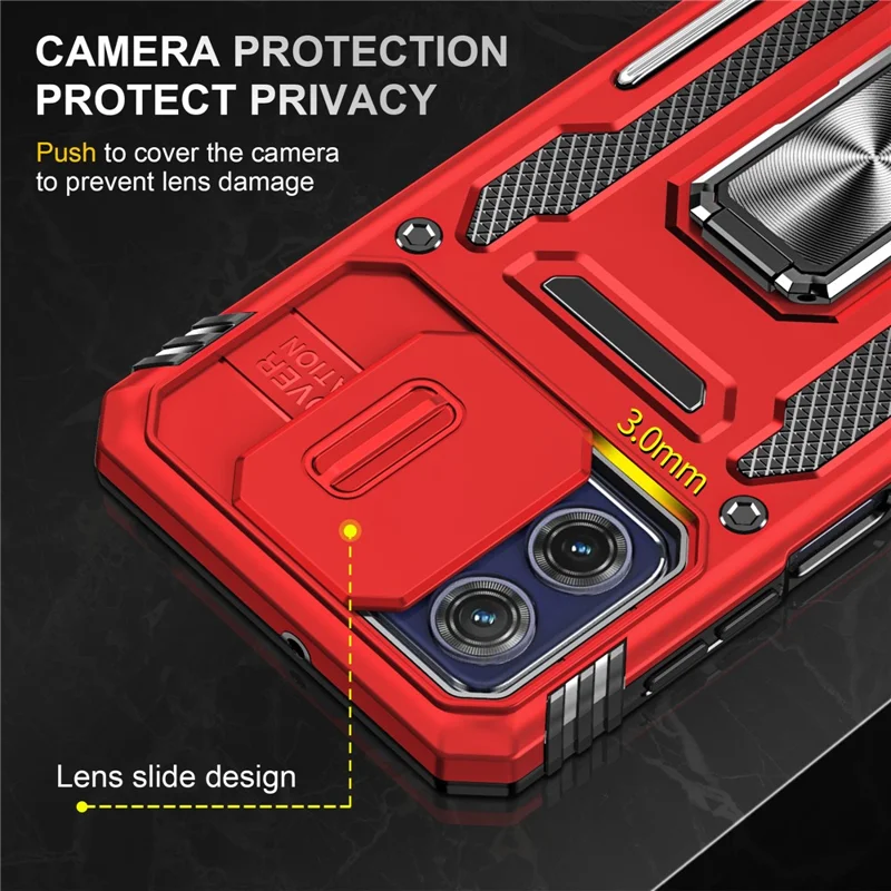 For Motorola Moto G73 5G Armor Series PC + TPU Phone Case Kickstand Shell with Slide Camera Protector Cover - Red