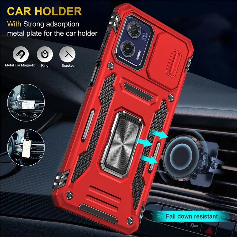 For Motorola Moto G73 5G Armor Series PC + TPU Phone Case Kickstand Shell with Slide Camera Protector Cover - Red