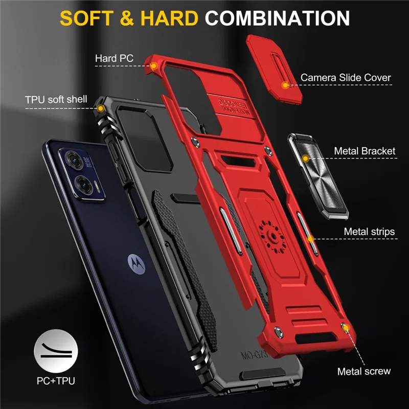 For Motorola Moto G73 5G Armor Series PC + TPU Phone Case Kickstand Shell with Slide Camera Protector Cover - Red