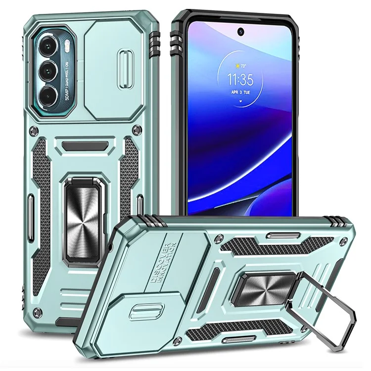 For Motorola Moto G Stylus 4G (2022) Armor Series Drop-proof PC + TPU Phone Case Kickstand Back Cover with Slide Camera Lid - Green