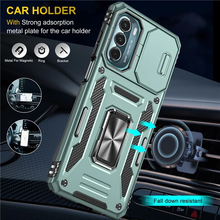 For Motorola Moto G Stylus 4G (2022) Armor Series Drop-proof PC + TPU Phone Case Kickstand Back Cover with Slide Camera Lid - Green