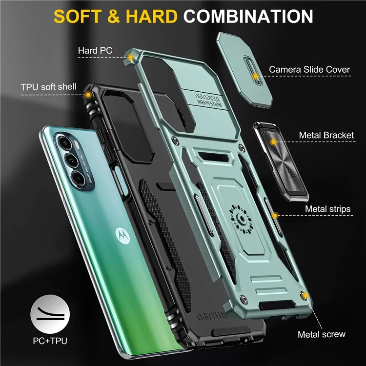 For Motorola Moto G Stylus 4G (2022) Armor Series Drop-proof PC + TPU Phone Case Kickstand Back Cover with Slide Camera Lid - Green