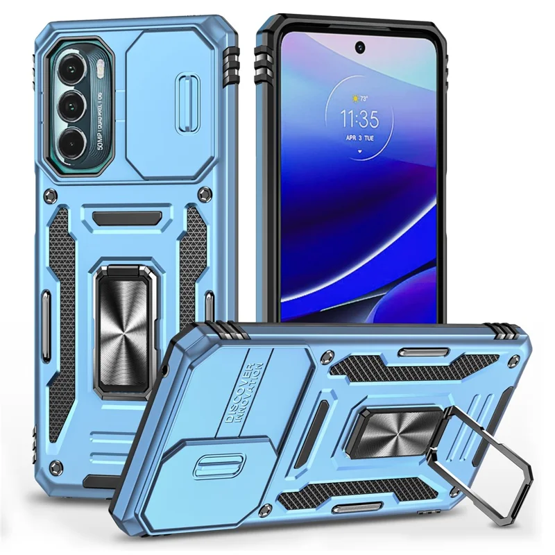 For Motorola Moto G Stylus 4G (2022) Armor Series Drop-proof PC + TPU Phone Case Kickstand Back Cover with Slide Camera Lid - Light Blue