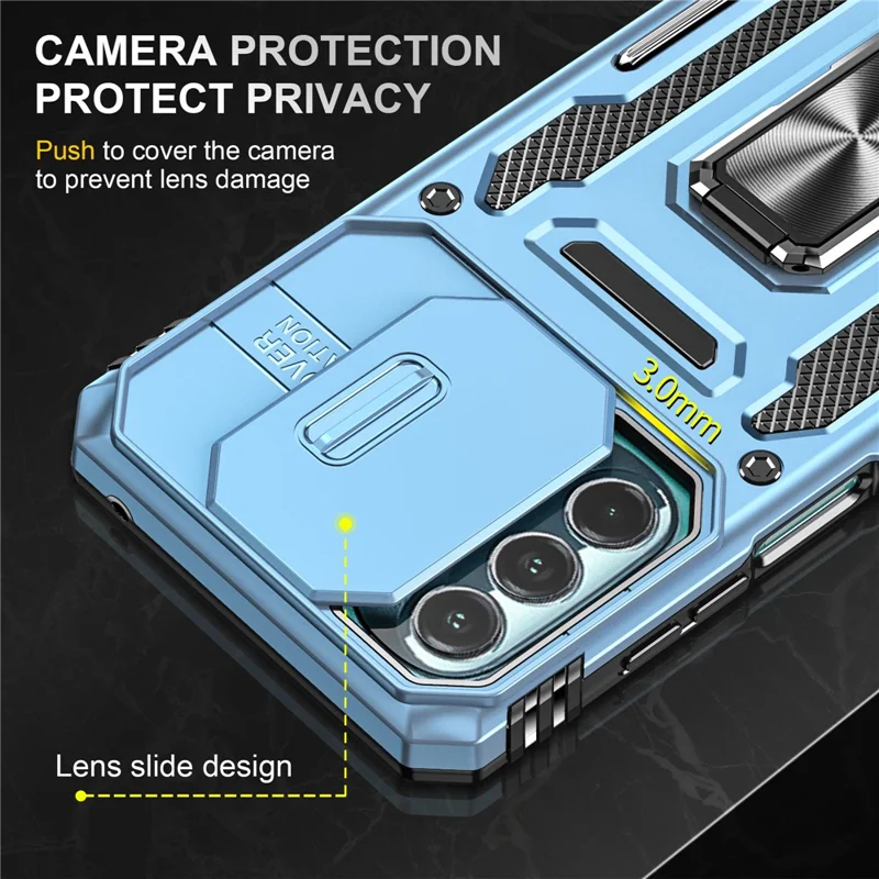 For Motorola Moto G Stylus 4G (2022) Armor Series Drop-proof PC + TPU Phone Case Kickstand Back Cover with Slide Camera Lid - Light Blue
