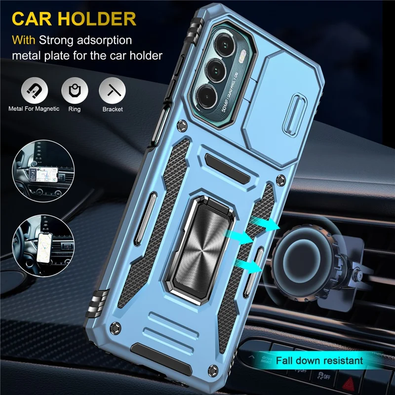 For Motorola Moto G Stylus 4G (2022) Armor Series Drop-proof PC + TPU Phone Case Kickstand Back Cover with Slide Camera Lid - Light Blue