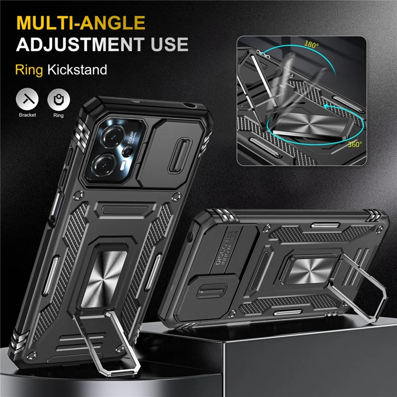 Til Motorola Moto G13 4G Armor Series PC + TPU stødfast telefonbeskytning med ringstativ og skydelåg til kamera - Sort