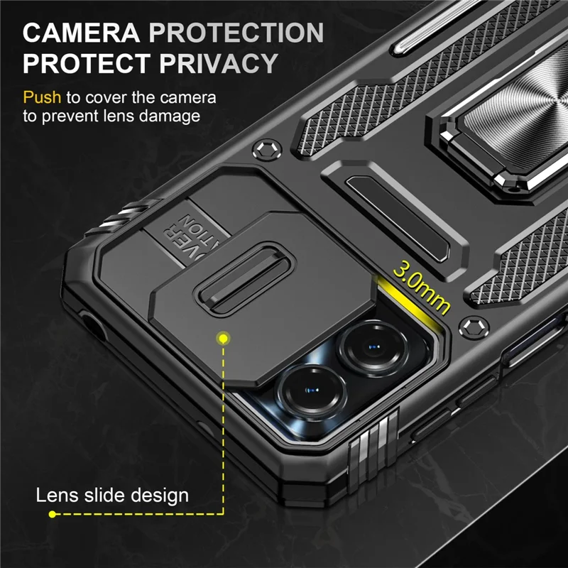 Til Motorola Moto G13 4G Armor Series PC + TPU stødfast telefonbeskytning med ringstativ og skydelåg til kamera - Sort
