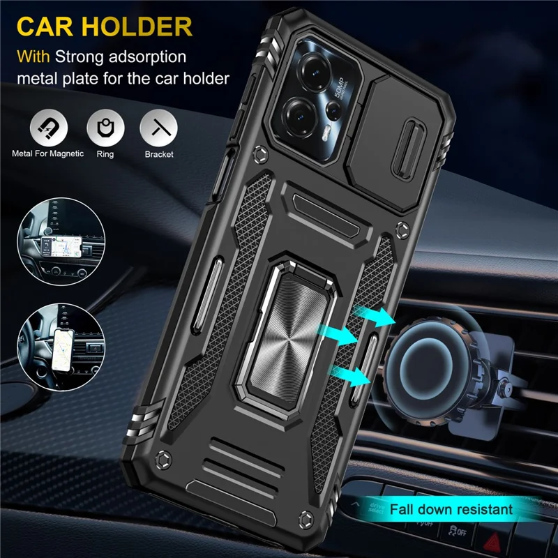 Til Motorola Moto G13 4G Armor Series PC + TPU stødfast telefonbeskytning med ringstativ og skydelåg til kamera - Sort