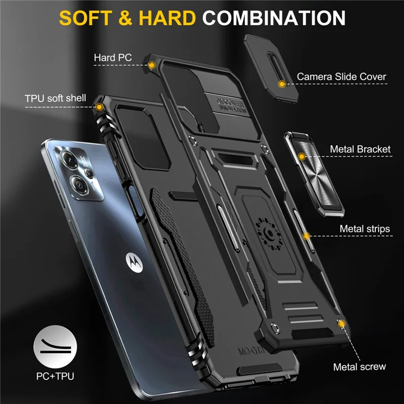 Til Motorola Moto G13 4G Armor Series PC + TPU stødfast telefonbeskytning med ringstativ og skydelåg til kamera - Sort