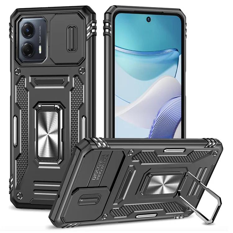 Per Motorola Moto G53 5G Armor Series Slide Lens Protection Phone Case PC + TPU Kickstand Cover - Nero