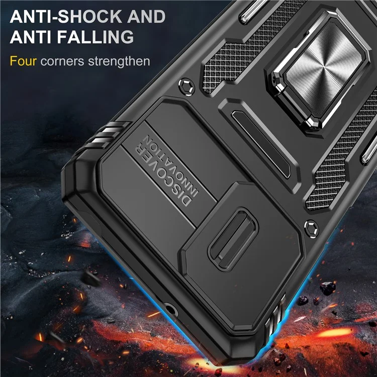 Per Motorola Moto G53 5G Armor Series Slide Lens Protection Phone Case PC + TPU Kickstand Cover - Nero