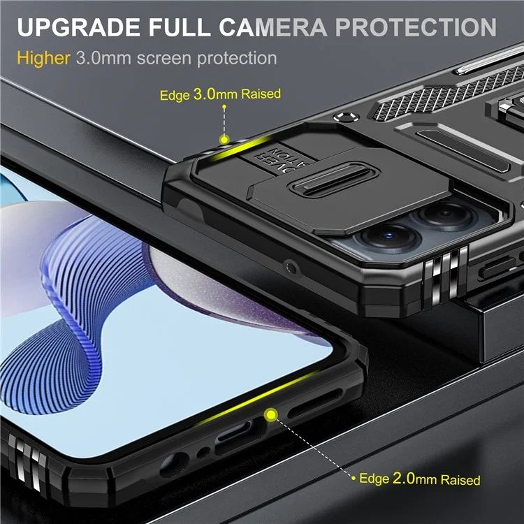 Per Motorola Moto G53 5G Armor Series Slide Lens Protection Phone Case PC + TPU Kickstand Cover - Nero