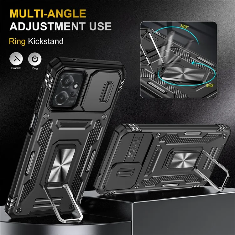 Per Motorola Moto G53 5G Armor Series Slide Lens Protection Phone Case PC + TPU Kickstand Cover - Nero