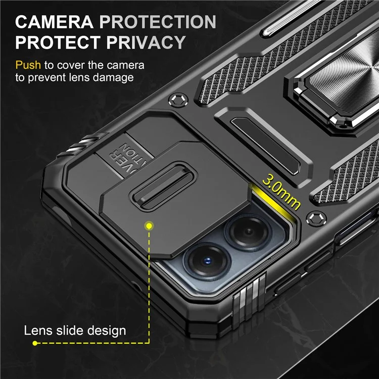 Per Motorola Moto G53 5G Armor Series Slide Lens Protection Phone Case PC + TPU Kickstand Cover - Nero