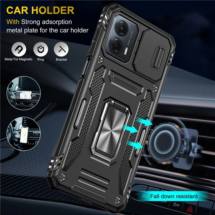 Per Motorola Moto G53 5G Armor Series Slide Lens Protection Phone Case PC + TPU Kickstand Cover - Nero