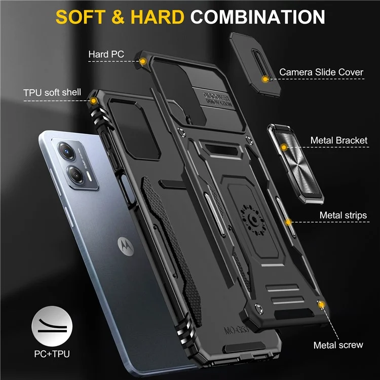 Per Motorola Moto G53 5G Armor Series Slide Lens Protection Phone Case PC + TPU Kickstand Cover - Nero