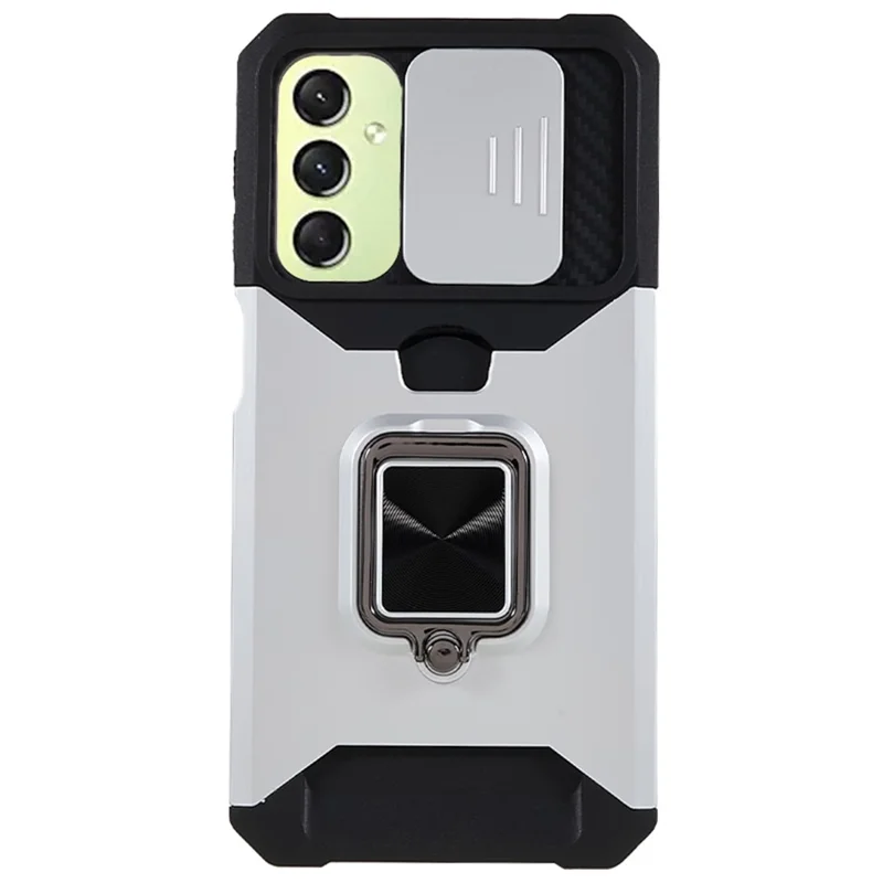 PC+TPU Phone Case for Samsung Galaxy A24 4G (162.1 x 77.6 x 8.3mm) Lens Protection Kickstand Back Cover with Card Holder - Silver