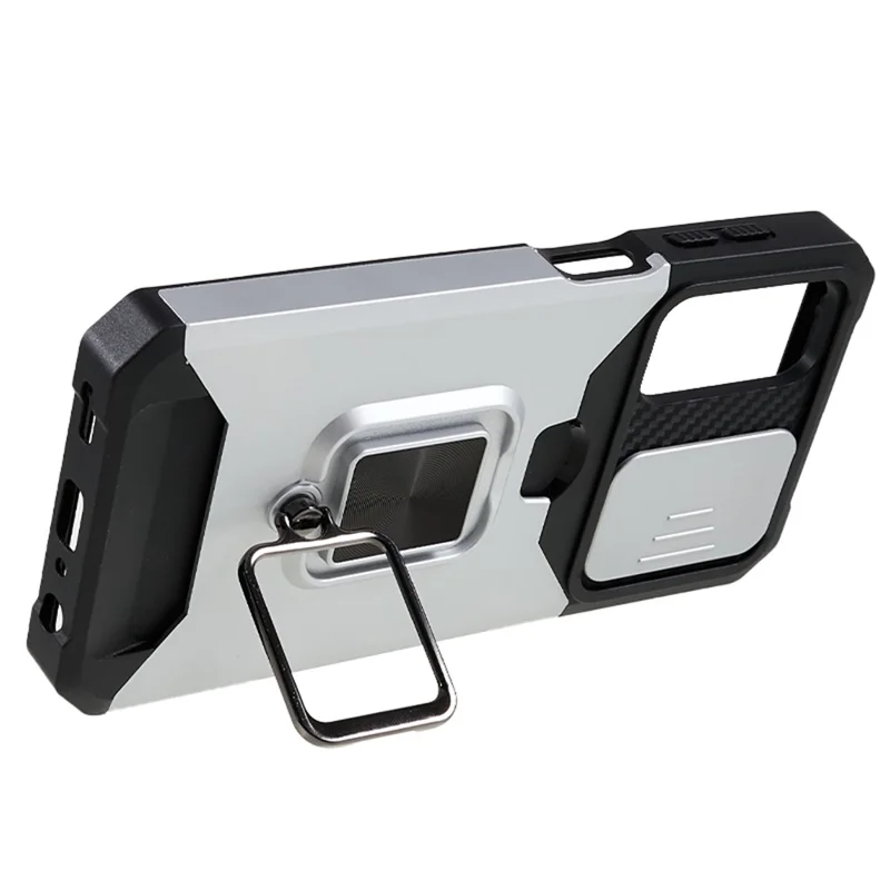 PC+TPU Phone Case for Samsung Galaxy A24 4G (162.1 x 77.6 x 8.3mm) Lens Protection Kickstand Back Cover with Card Holder - Silver