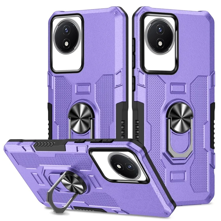 For vivo Y02 4G Heavy Duty PC + TPU Phone Case Ring Kickstand Anti-Scratch Back Cover - Purple