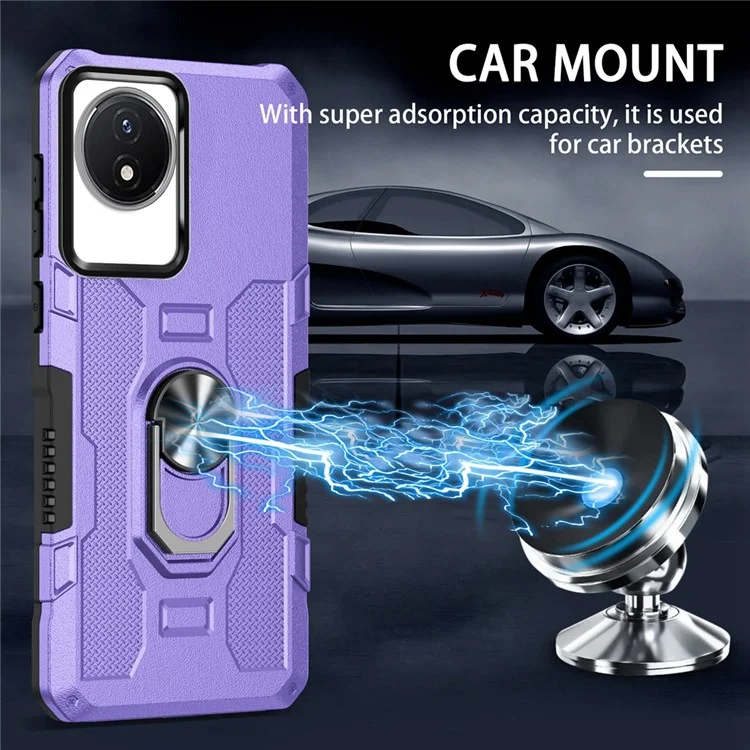 For vivo Y02 4G Heavy Duty PC + TPU Phone Case Ring Kickstand Anti-Scratch Back Cover - Purple
