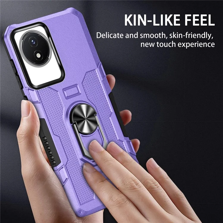 For vivo Y02 4G Heavy Duty PC + TPU Phone Case Ring Kickstand Anti-Scratch Back Cover - Purple