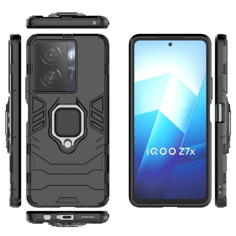 For vivo iQOO Z7x 5G Kickstand Protective Case Soft TPU Hard PC Rugged Shockproof Phone Cover - Black