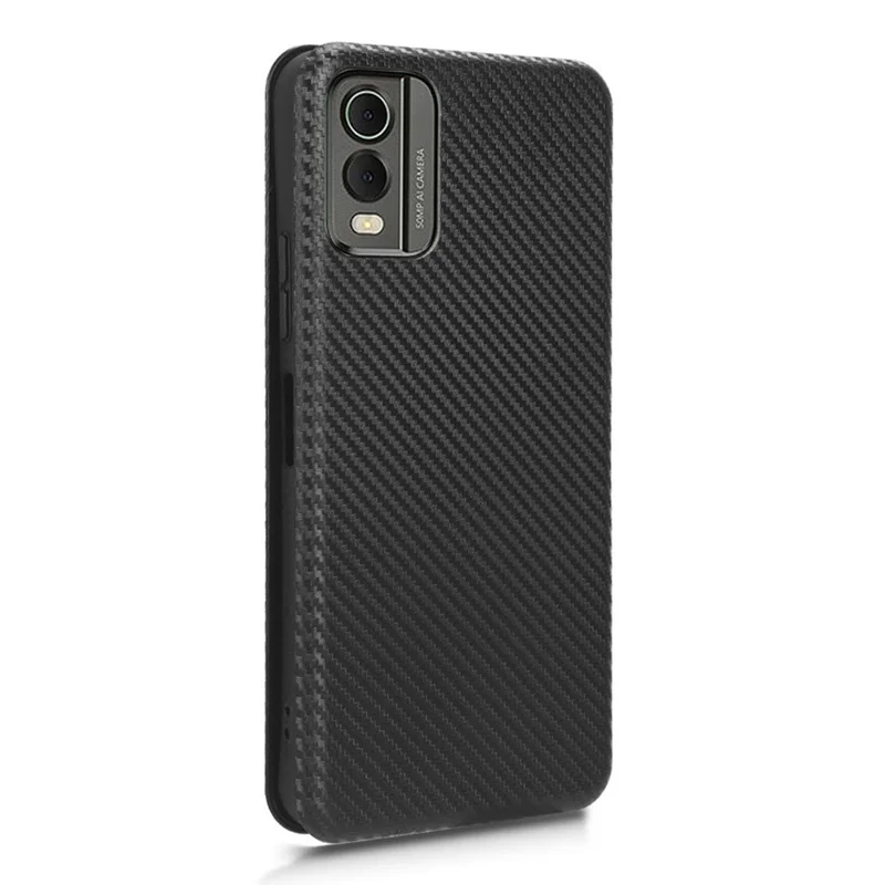 For Nokia C32 PU Leather Carbon Fiber Texture Cover Card Holder Stand Phone Case - Black