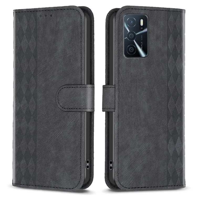 Capa de Couro para Oppo A16 / A16s / A54 5G / A54s / A55 5G , Capa Carteira Flip Phone com Padrão Impresso e Suporte - Preta