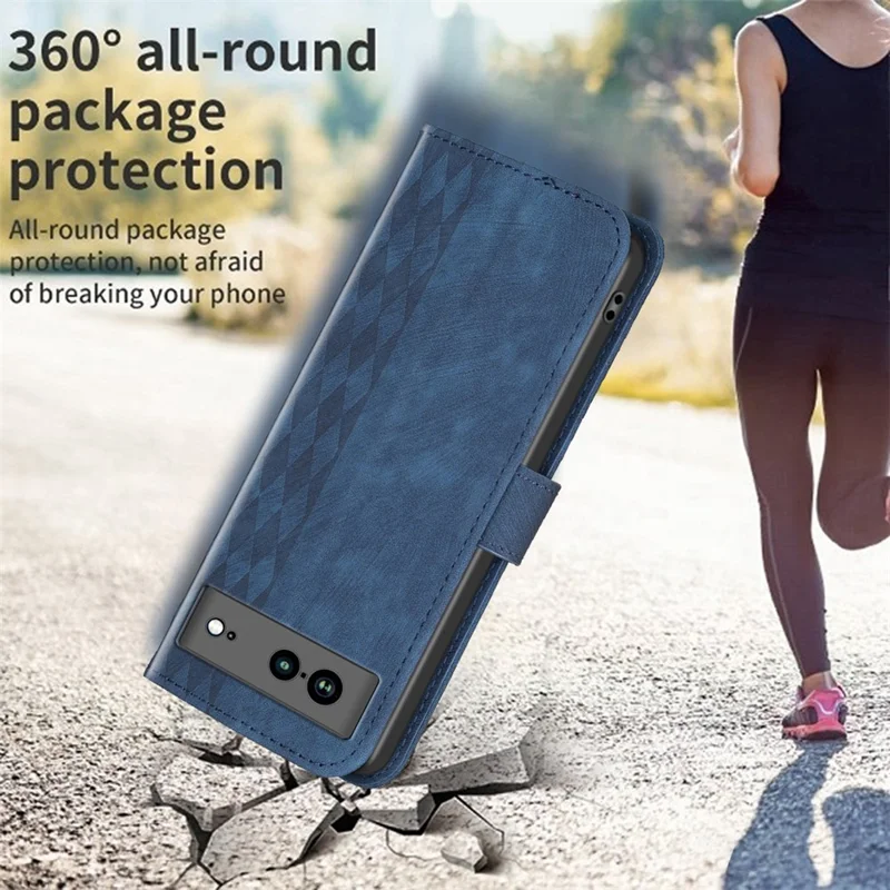 Shockproof Phone Case for Google Pixel 7a Wallet Shell Imprinting Grid Pattern Stand Cover - Blue