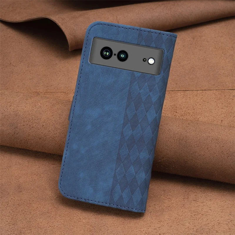 Shockproof Phone Case for Google Pixel 7a Wallet Shell Imprinting Grid Pattern Stand Cover - Blue