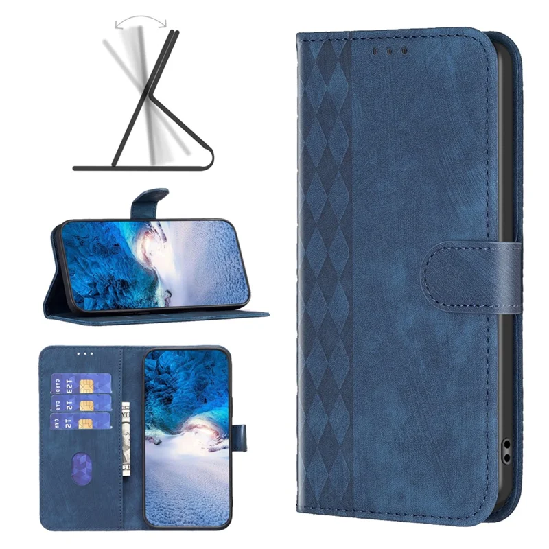 Shockproof Phone Case for Google Pixel 7a Wallet Shell Imprinting Grid Pattern Stand Cover - Blue