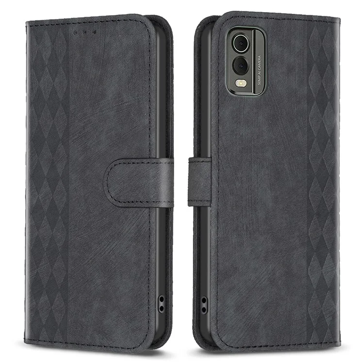 Para Nokia C32 Carteira Stand Phone Case Imprinting Grid Pattern Fecho Magnético Capa de Celular - Preto