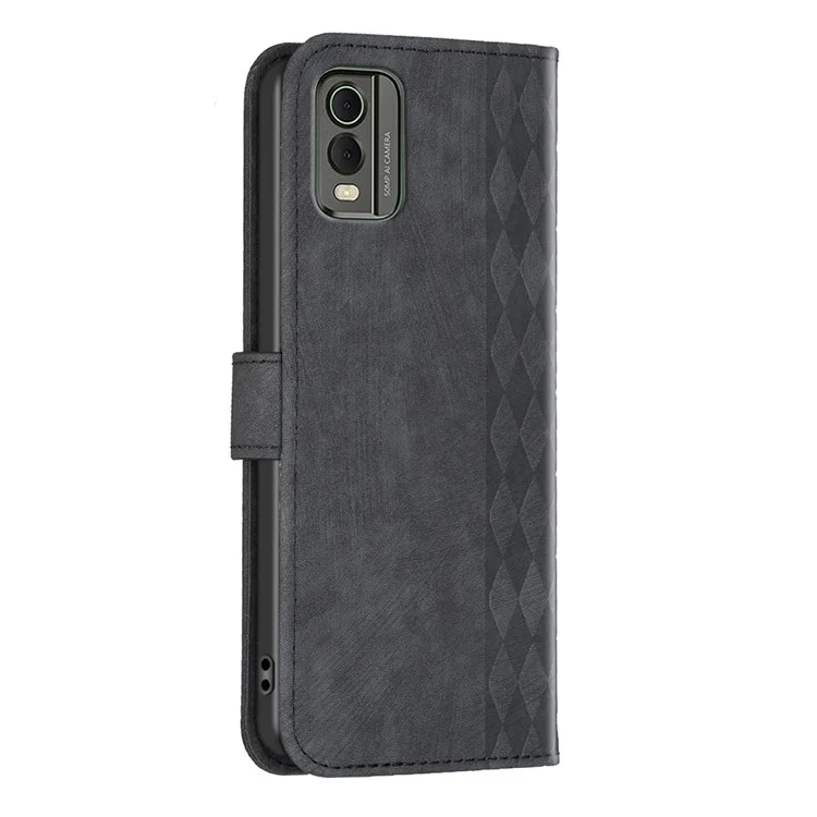 Para Nokia C32 Carteira Stand Phone Case Imprinting Grid Pattern Fecho Magnético Capa de Celular - Preto