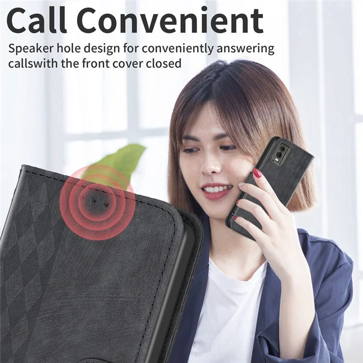 Para Nokia C32 Carteira Stand Phone Case Imprinting Grid Pattern Fecho Magnético Capa de Celular - Preto