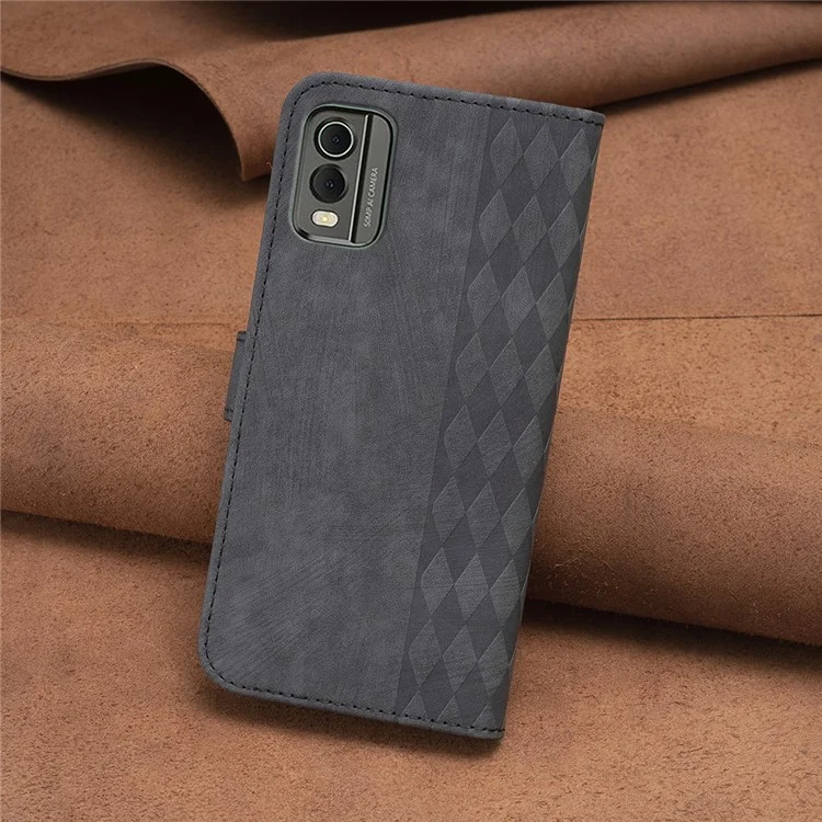 Para Nokia C32 Carteira Stand Phone Case Imprinting Grid Pattern Fecho Magnético Capa de Celular - Preto