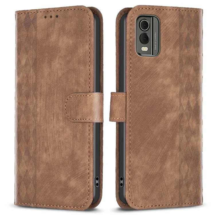 Für Nokia C32 Brieftasche Ständer Handyhülle Prägung Gitternustermuster Magnetischer Verschluss Handy-Cover - Braun
