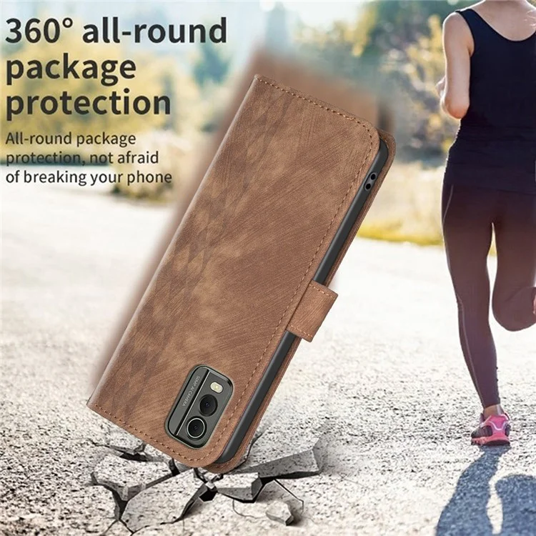 Für Nokia C32 Brieftasche Ständer Handyhülle Prägung Gitternustermuster Magnetischer Verschluss Handy-Cover - Braun