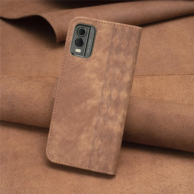 Für Nokia C32 Brieftasche Ständer Handyhülle Prägung Gitternustermuster Magnetischer Verschluss Handy-Cover - Braun