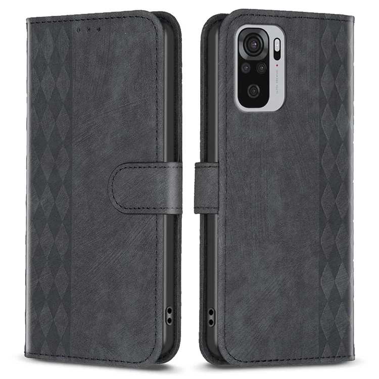 For Xiaomi Redmi Note 10 4G / 10S 4G / Poco M5s 4G Stand Wallet Phone Case Grid Pattern Imprinting Cover - Black