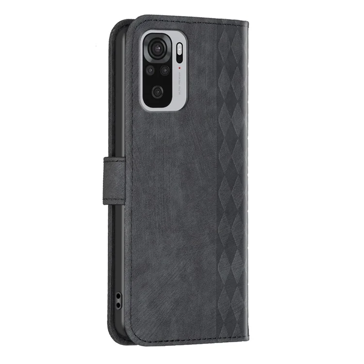 For Xiaomi Redmi Note 10 4G / 10S 4G / Poco M5s 4G Stand Wallet Phone Case Grid Pattern Imprinting Cover - Black