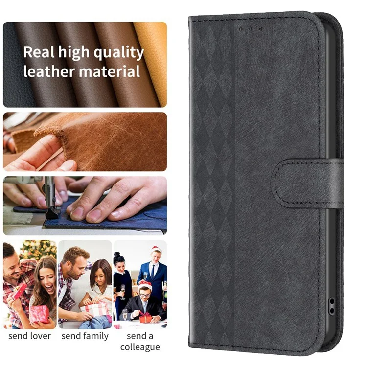 For Xiaomi Redmi Note 10 4G / 10S 4G / Poco M5s 4G Stand Wallet Phone Case Grid Pattern Imprinting Cover - Black
