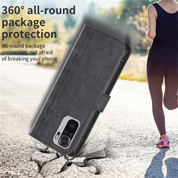 For Xiaomi Redmi Note 10 4G / 10S 4G / Poco M5s 4G Stand Wallet Phone Case Grid Pattern Imprinting Cover - Black